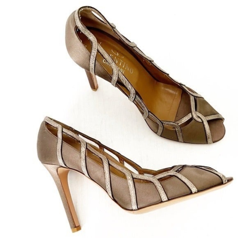 Valentino Garavani Peep Toe Satin Leather Trim Stiletto Heel